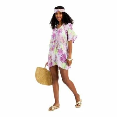 $38 MIKEN Tropical Print Flutter Deep V Neck Pink Tie Cover Up Size Medium - Image 1 of 2