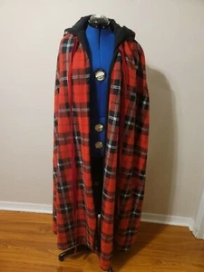 Handmade Floor Length Flannel Fleece Jacket Poncho Parka Cape W/ Hood Red Black - Picture 1 of 3