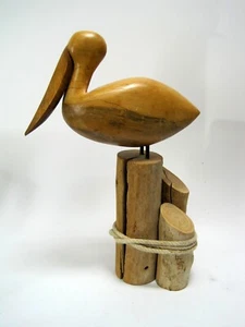 Vintage Hand Carved Wooden Pelican Bird on Piling Lake, Beach, Ocean, Coastal - Picture 1 of 6