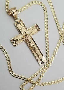 14K Solid Yellow Gold Religion Diamond Cut Jesus INRI Cross Crucifix Pendant - Picture 1 of 9