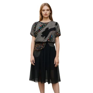 Abito donna VINTAGE PERVINKLE taglia media nero gonna trasparente floreale - Foto 1 di 13