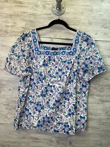 Talbots Top Womens L Blue Purple Floral Square Neck Lined Cotton Short Sleeve - Picture 1 of 10
