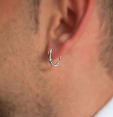 Casual Use Men's Tiny Hoop Earring Solid Metal 14k White Gold Plated Silver - Image 1 of 4