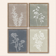 Boho Framed Wall Art Set of 4 - Rustic Farmhouse Decor - Brown Botanical Prints 