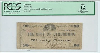 PCGS 90 Cents 1862 Virginia City of Lynchburg Dog Guards Key #6935 Civil War CSA - Image 1 of 3