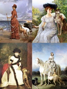 Ladies + Greyhound Dog Antique Art Reproduction Cards set of 4 w/envelopes - Picture 1 of 5