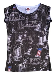 Damen Harley Davidson Union Flagge schattiert Grafik Elasthan Passform Tops T-Shirts 123 - Bild 1 von 2