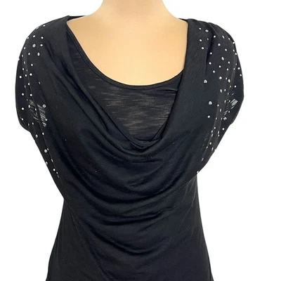 Hybrid Brand Womens Black Top Size Medium Silver Accents Cowl Neck Burnout Retro - Image 1 of 4