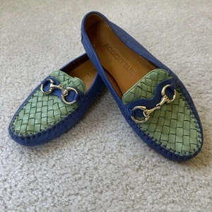 Women’s Robert Zur Size 6.5M Driving Shoes Blue with Green Woven & Gold accents - Picture 1 of 22