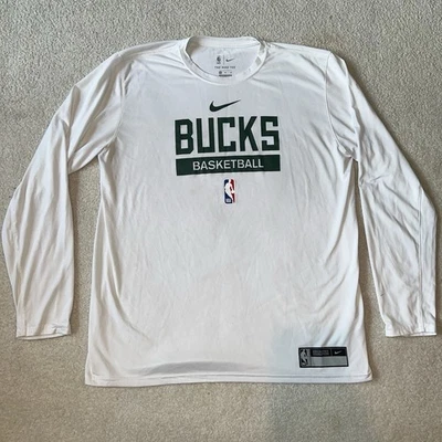 Nike Milwaukee Bucks NBA Team Issued Practice Long Sleeve Shirt White Green XL - Image 1 of 4