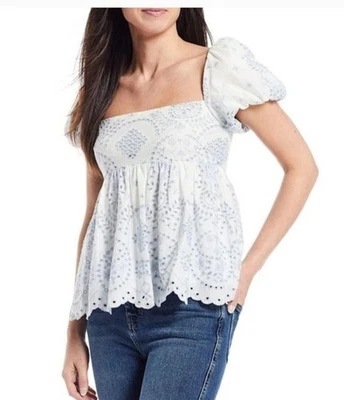 NEW! Antonio Melani Constance Blouse Size 12 Embroidered Eyelet Puff Sleeve Blue - Image 1 of 4