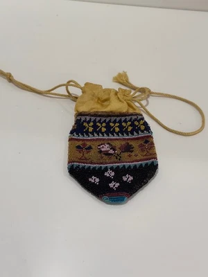 Antique Micro-Beaded Reticule Drawstring Purse, Floral & Geometric Motifs, Silk - Image 1 of 4