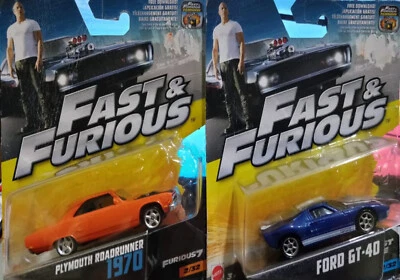 2 Mattel Fast and Furious Plymouth Roadrunner 1970 & Ford GT-40 Fast Five & 7 - Image 1 of 4