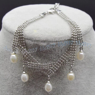 7-8mm Real Natural White Freshwater Pearl Pendant Silver Chain Bracelet 7.5 inch - Image 1 of 4