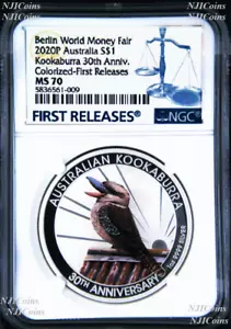 2020 Berlin Show Australia 30th Ann. Kookaburra Silver NGC MS 70 1oz $1 Coin FR - Picture 1 of 6