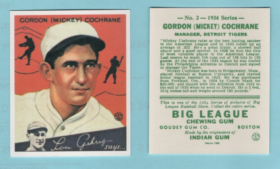 1934 Goudey бейсбол переиздание # 2 Микки Кокрейн -- Детройт TIgers - коробка 741 - Изображение 1 из 1