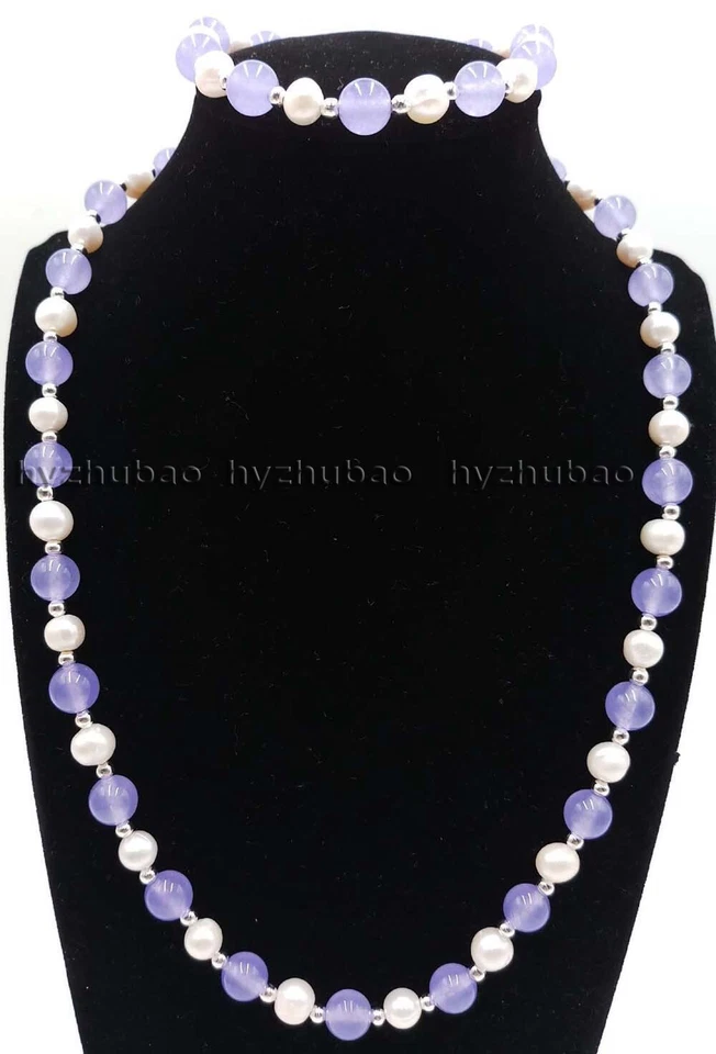 25" 36" 7-8mm Perla Blanca y 8mm Piedras Preciosas Redondas Collar + Pulsera 7.5" Juego Foto 1 de 4