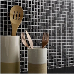 Mosaic Wall Tile Barya Black & Blue Glass Natural Stone Kitchen 300mm x 300mm - Picture 1 of 5