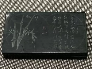 Chinese Unknown Age Ink Stone Signed Box w/ Calligraphy Bamboo & Bird Decoration - Picture 1 of 12