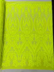 Big Damask Sequins - Neon Yellow on Black Damask Sequin 4 Way Stretch Mesh Yard - Picture 1 of 4