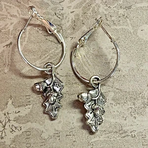 Silver Tone Oak Leaf with Acorns Charms Hoops Dangle Earrings. Fall. Trees. S118 - Picture 1 of 3