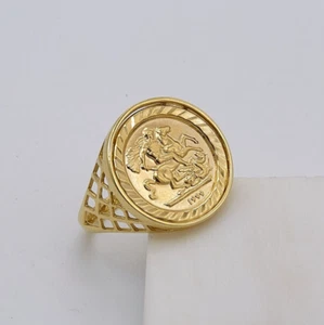 375 9ct Yellow Gold Men Saint George Sovereign Coin Ring 18mm Brand New Size W - Picture 1 of 9