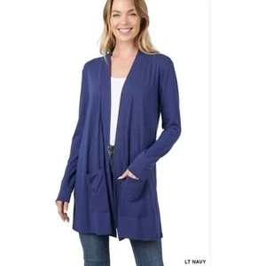 Zenana Sunday Morning Open Front Cardigan Slinky-Medium-Slouchy-Pockets-NWOT - Picture 1 of 6