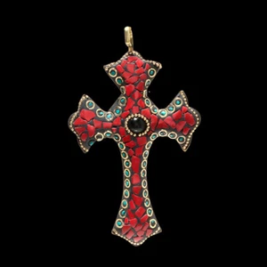 Handgefertigter Boho-Kreuz-Anhänger rote Koralle, Onyx & Türkis Edelstein Tib... - Bild 1 von 1