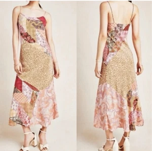 Abito midi Anthropologie Kachel patchwork rosa paisley Diane seta slip taglia 4 - Foto 1 di 10