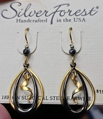 Silver Forest Earrings USA Dangle Layered Black Gold Tone Loops Teardrop Enamel - Image 1 of 4