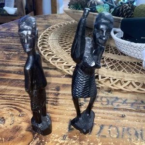 Set Of 2 Vtg 7” Handcarved Ebony Wood Tanzania African Tribal Figurine Sculpture - Picture 1 of 9