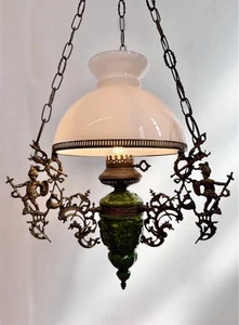 Antike Messing Pendelleuchte. Green Detailing, Knights & Dragons. Original - Bild 1 von 9