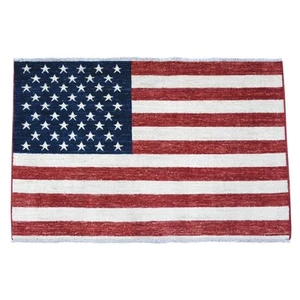 2'6"x4' Red Hand Knotted American Flag All Wool Peshawar Wall Hanging Rug G89809 - Picture 1 of 6