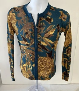 Cárdigan Tory Burch Ligero Manga Larga Lana Cremallera Completa Azul Teal Amarillo Pequeño - Imagen 1 de 7