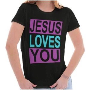 Christian Faith Religious Jesus Loves You Womens Top Junior Graphic Tee - Picture 1 of 7