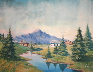 Antique gouache painting landscape mountain river - Picture 1 of 6