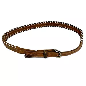 Women's Cimarron Western Cowgirl Narrow Brown and Silver Laced Leather Belt - Picture 1 of 6