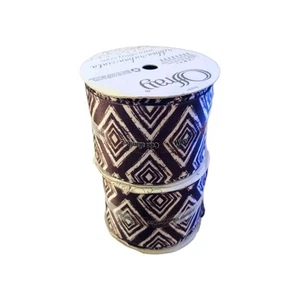 Offray 2.25" x 9' Navy Brown Diamonds Wired Moveable Satin Ribbon Lot Of 2 - Picture 1 of 4