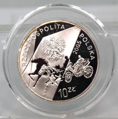 Poland, 2005 "Horse Drawn Carriage" Silver 10 Zlotych Proof with Capsule !! - Image 1 of 2