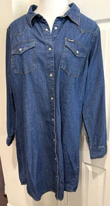WRANGLER RETRO WOMEN'S XL  BLUE DENIM JEAN LONG SLEEVE WESTERN MIDI DRESS - Picture 1 of 6
