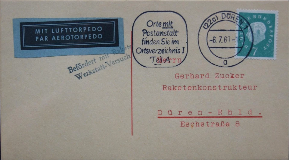 BRD GERMANY- WEST 1961 Zucker Raketenpost Werkstatt Versuch Mit Lufttorpedo - Bild 1 von 1