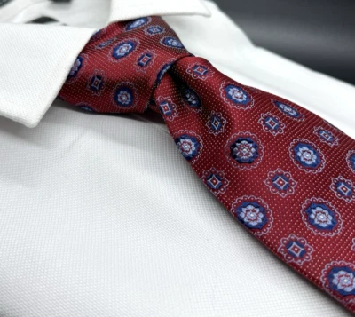 Tasso Elba Neck Tie 100% Silk Maroon Blue Medallions Designer Wedding 60"/3.5" - Изображение 1 из 4