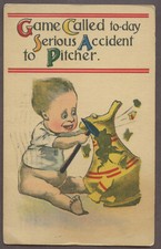 c.1915 Postcard Game Called To-day Serious Accident to Pitcher