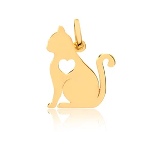 14k Solid Yellow Gold Cat with Heart Shaped Pendant for Necklace for Women - Picture 1 of 6