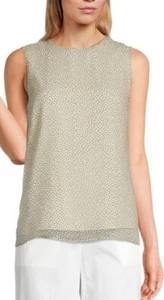 Theory L Silk Blouse Dot Print Shell Silk Tank Top Beige Black Lined Sleeveless - Picture 1 of 8