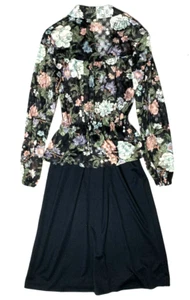 Vintage 70er Roe Frocks Spitzenkleid Schößchen Blumenmuster Midi lang schwarz Retro - Bild 1 von 6