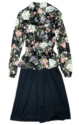 Vintage 1970s Roe Frocks Lace Dress Peplum Floral Print Midi Long Black Retro - Image 1 of 4