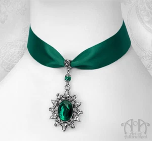 Gothic GREEN CRYSTAL SATIN CHOKER Ribbon Necklace Victorian Art Deco Pendant - Picture 1 of 3