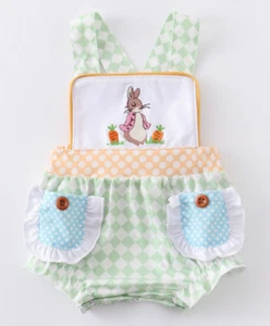 Baby Girl Embroidered Easter Bunny Romper With Pockets & Ruffle Trim, Spring - Picture 1 of 9