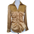Cache 90s Y2k Vintage Rouched Blouse Long Sleeve Silk Blend Gold Shiny Xs